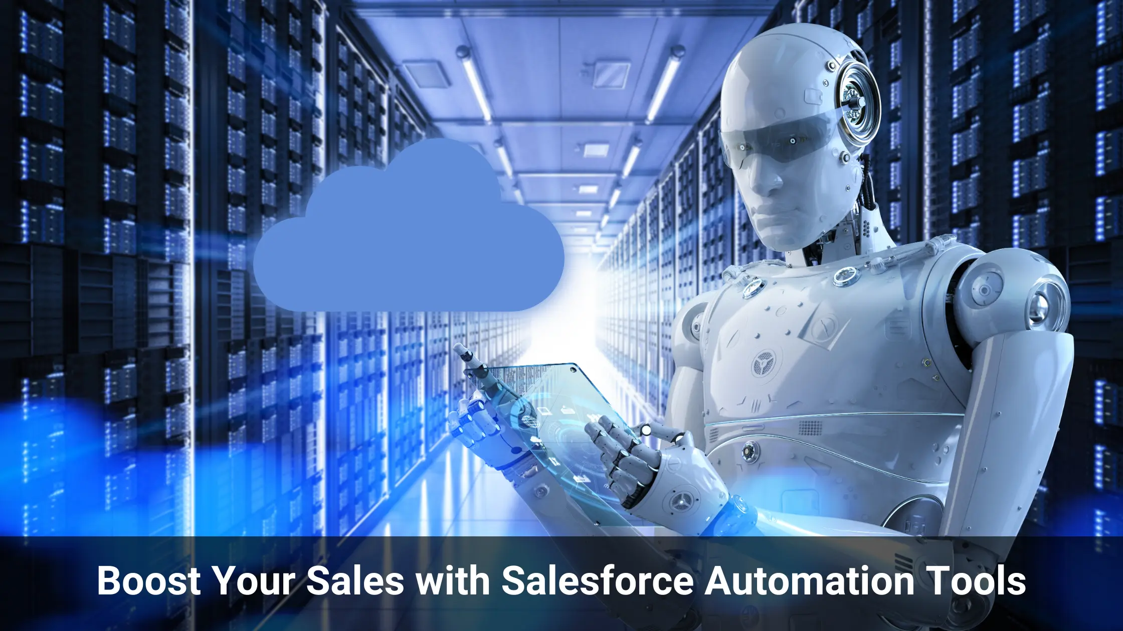 A humanoid robot stands in a data center, interfacing with a holographic screen, under a cloud symbol. Text promotes Salesforce automation tools for sales enhancement.