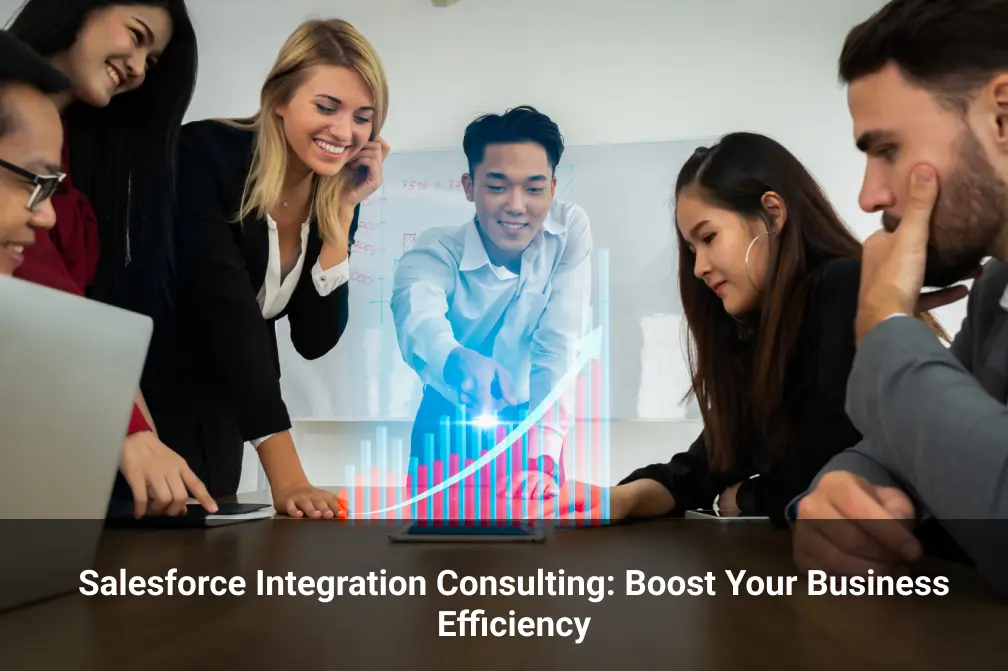 A group of people looking at a digital graph. This image represent Salesforce Integration Consulting